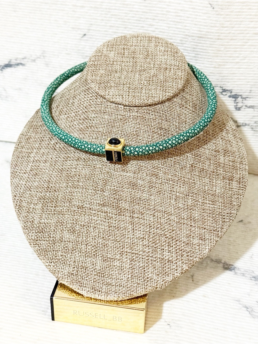 FENDI Vintage Green Stingray Leather Choker Necklace with Black Onyx Cabochon
